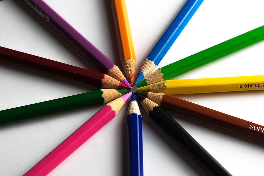 12 Color Pencils, red colors, orange, blue, color Free HD Wallpaper