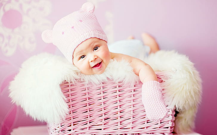 Cute Baby Twins, laughing, baby, basket, cute Free HD Wallpaper