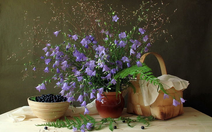 rustic, vase, flowers, blueberries Free HD Wallpaper