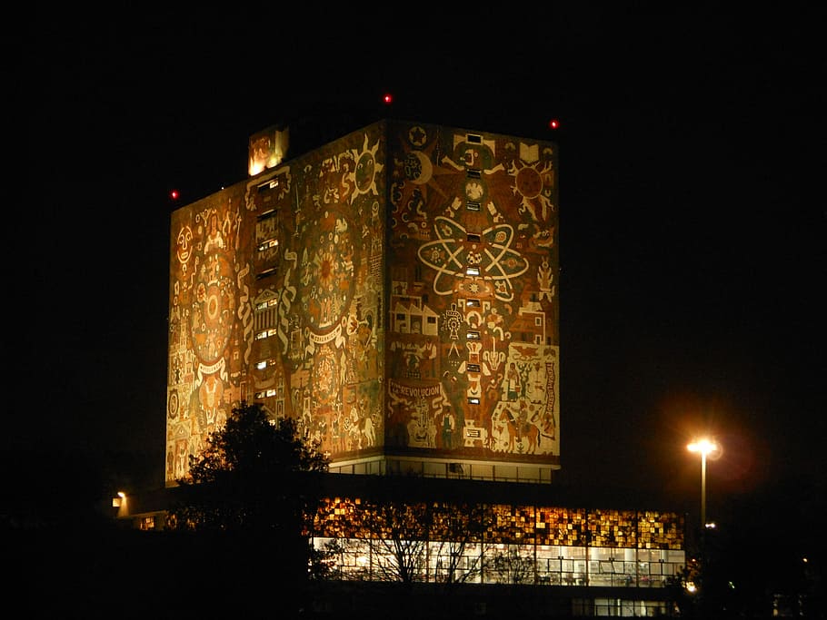 UNAM Murals, city, night, university, nature Free HD Wallpaper