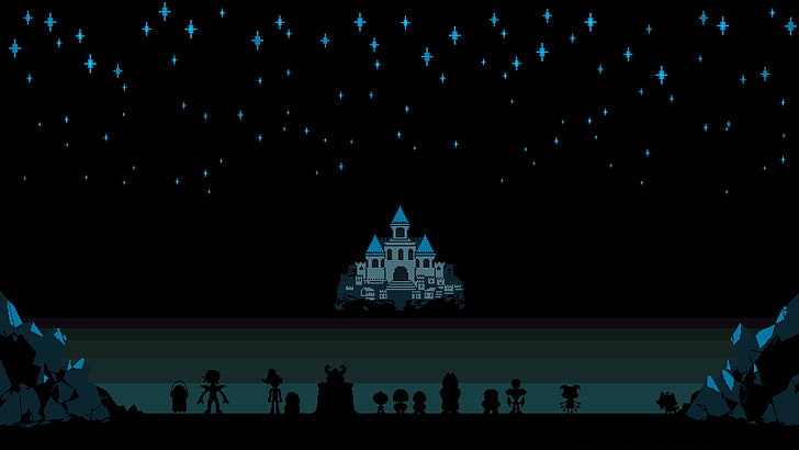 Undertale Backdrop, pixel art, group of people, built structure, silhouette