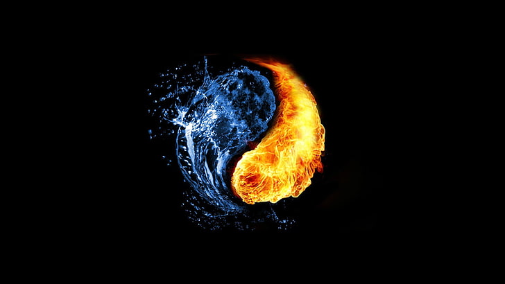 Yin Yang Art, exploding, black background, glowing, flame Free HD Wallpaper