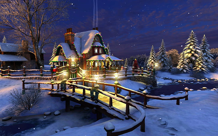 Beautiful Christmas Light Scenes, cold temperature, europe, frost, bare tree Free HD Wallpaper