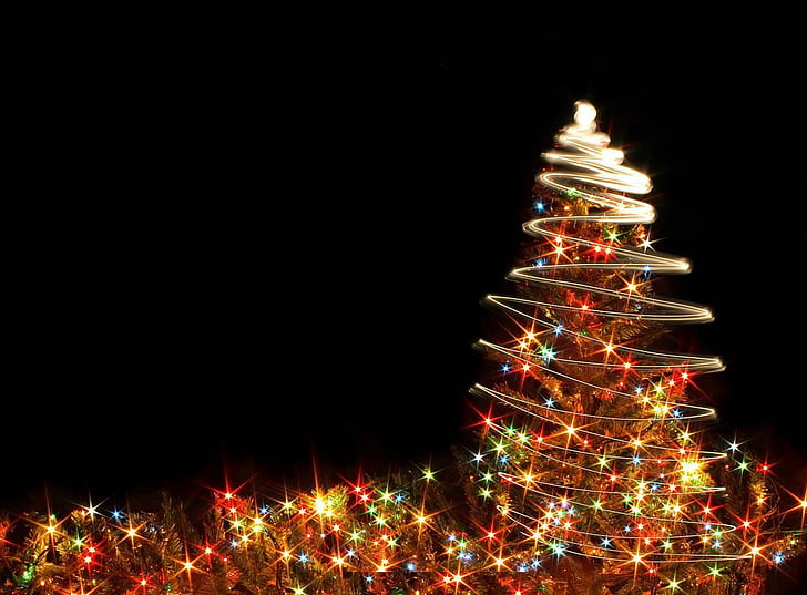 Blue Christmas Tree Lights, year, new, black, tree Free HD Wallpaper