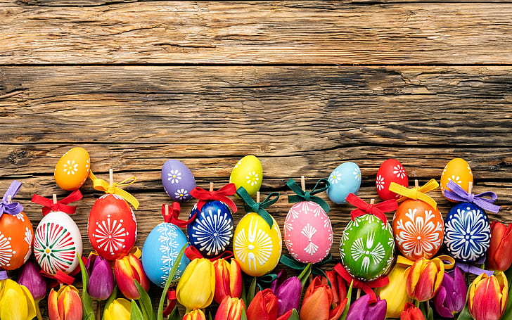 Bright Easter Eggs, colorful, board, eggs, tulips Free HD Wallpaper