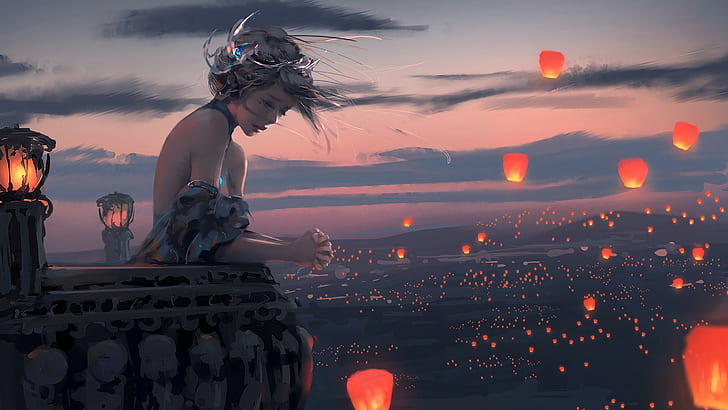 Character Concept Design, crowns, sky lanterns, balconies, princesses