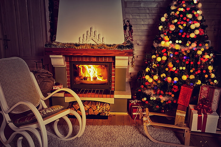 Christmas Fireplace Decor, holiday  event, house, holiday, bright Free HD Wallpaper