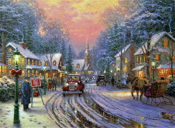 Christmas Postcards, painting, holiday, snow, christmas Free HD Wallpaper