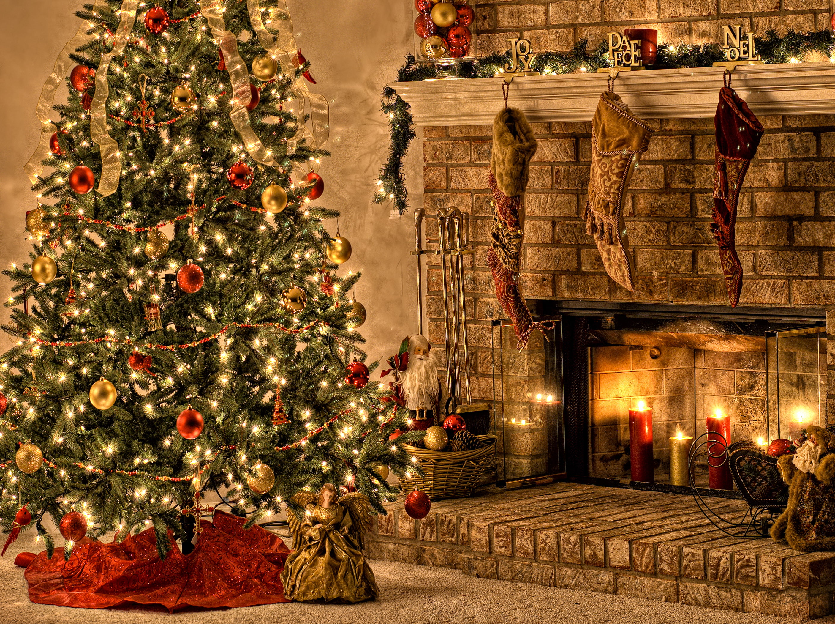 colorful, fireplace, joy peace noel, christmas tree