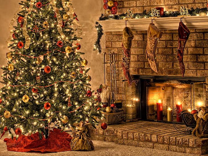 colorful, fireplace, joy peace noel, christmas tree