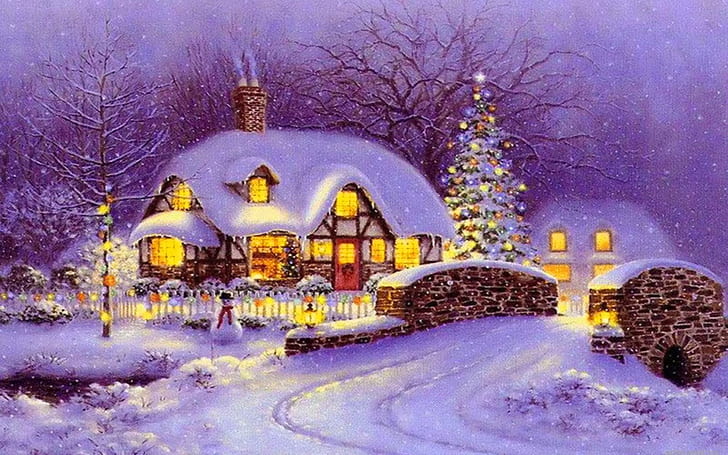 Cozy Winter Scenes, decoration, evening, town, christmas