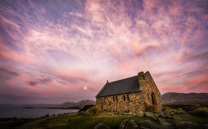 Lake Tekapo Lodge, on the way, lake, daily, moon Free HD Wallpaper