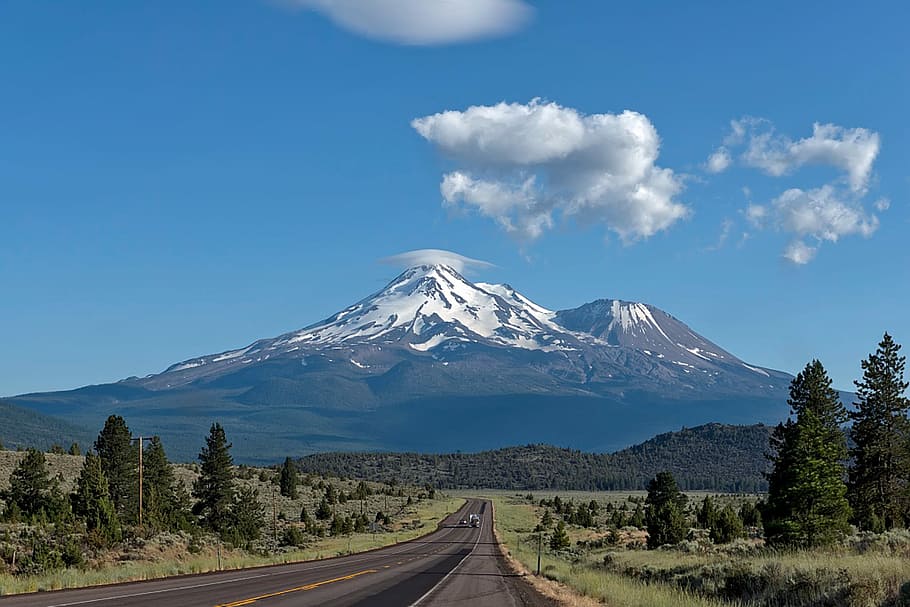 Monte Shasta, cloud  sky, beauty in nature, trees, countryside