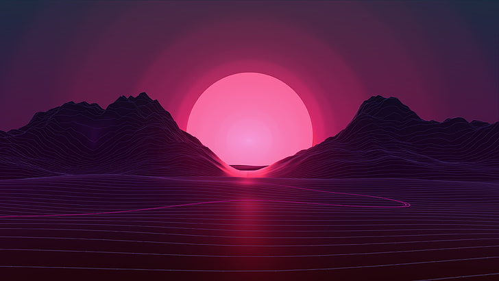 Neon Sunset, landscape, purple, blue, digital composite