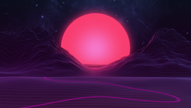 Neon Sunset Live, vector art, lines, purple, sky