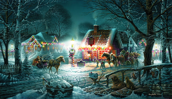 Paintings by Terry Redlin, snow, house, christmas, painting Free HD Wallpaper