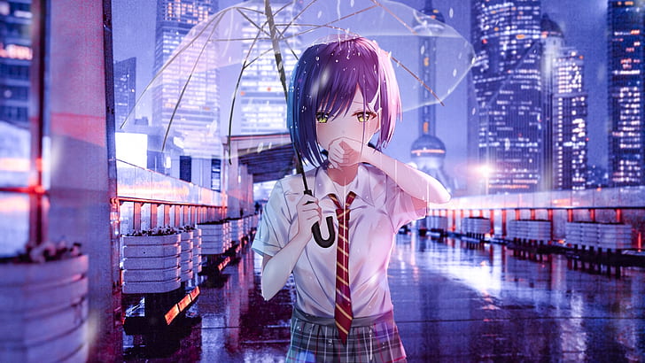 Sad Anime Girl Crying Alone Rain, city, transparent, night, raining Free HD Wallpaper