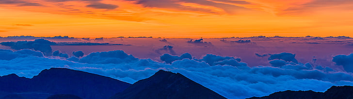 Snow Mountain Silhouette, nature, orange, haleakala, dual monitors