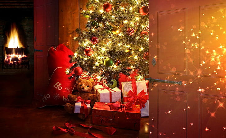 Stacked Christmas Presents, christmas,, lighted, christmas, tree, Free HD Wallpaper