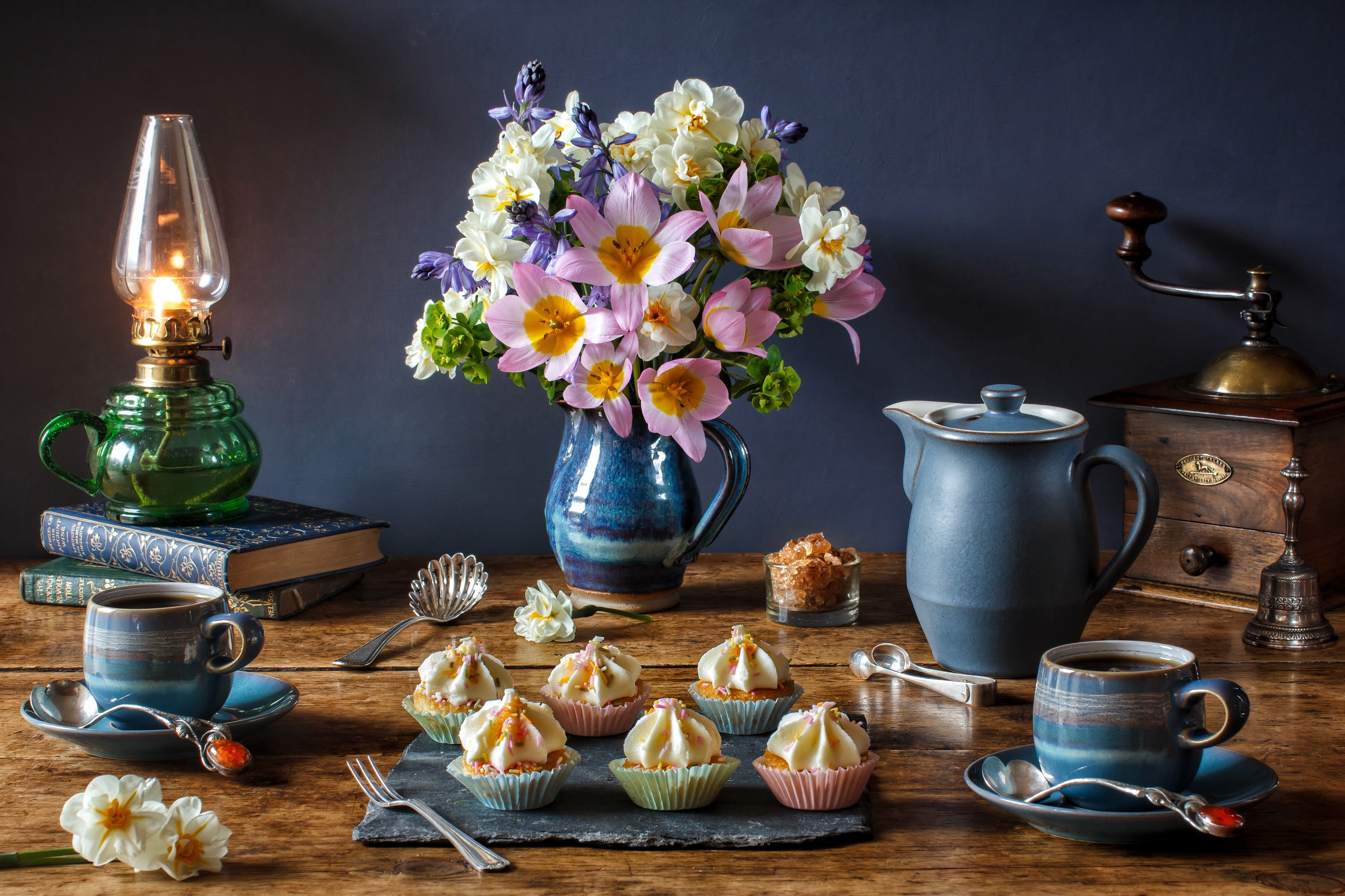 still life, daffodils, cupcakes, coffee grinder