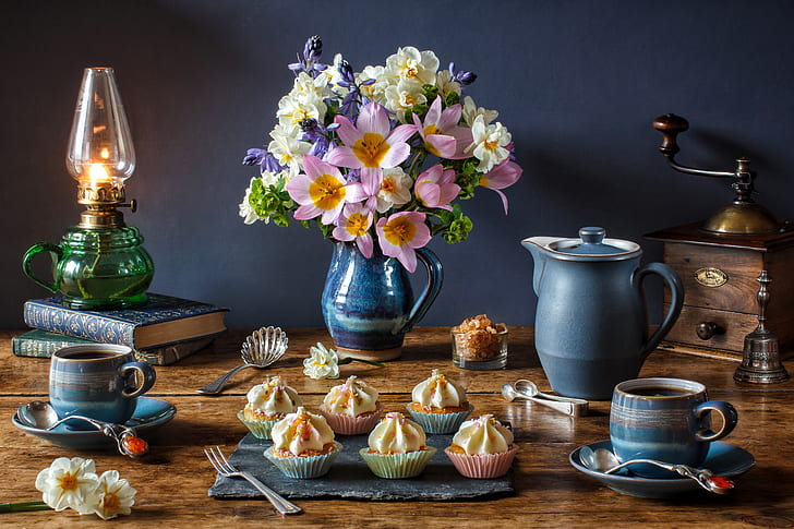 still life, daffodils, cupcakes, coffee grinder Free HD Wallpaper