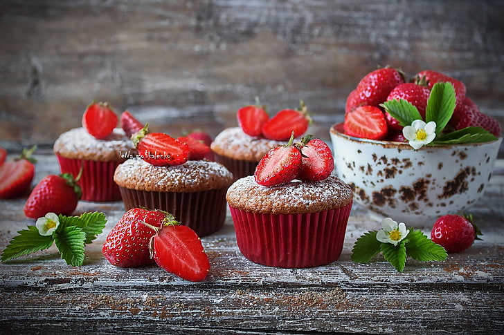 Strawberry Lemon Cupcakes, freshness, no people, table, strawberry