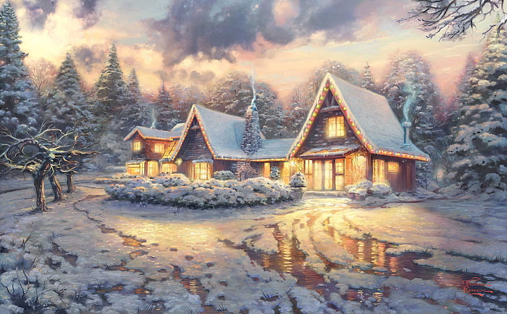 Thomas Kinkade Christmas Lodge, outdoors, movie, film, pine tree Free HD Wallpaper