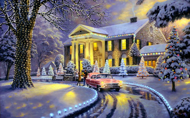 Thomas Kinkade Christmas Scenes, couple, painting, home, christmas Free HD Wallpaper