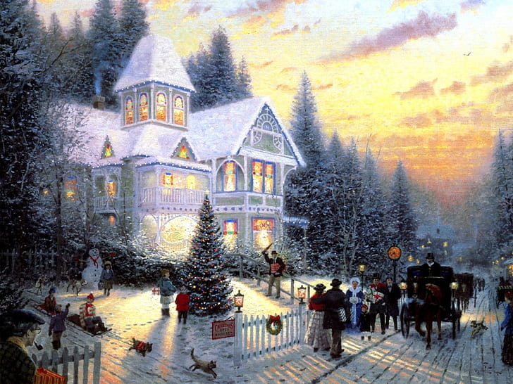 Thomas Kinkade Xmas, winter, vintage, painting, artistic Free HD Wallpaper