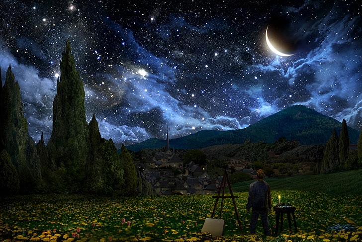 Van Gogh Starry Night Mosaic, painters, sky, real people, one person Free HD Wallpaper