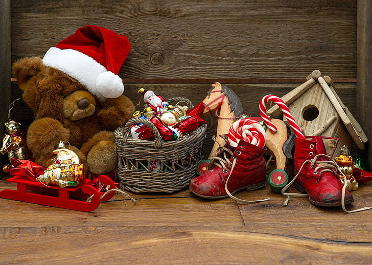 Vintage Christmas Wooden Ornaments, ribbon, red, large group of objects, rustic Free HD Wallpaper