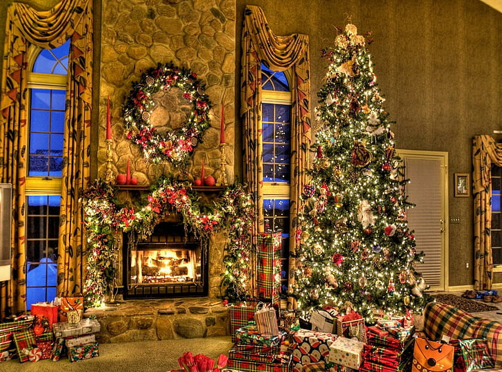 Xmas Tree Fireplace, presents,, christmas,, comfort,, fireplace, Free HD Wallpaper