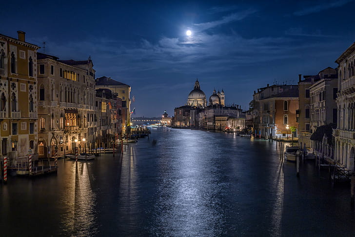 Basilica Di Santa Maria, venice italy, full moon, canal, tourism Free HD Wallpaper