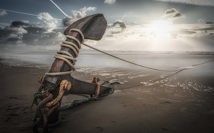 beach, sea, anchor