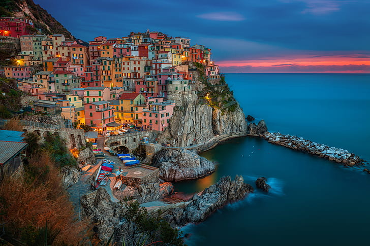 Cinque Terre Cities, the evening, the province of la spezia, building, italy Free HD Wallpaper