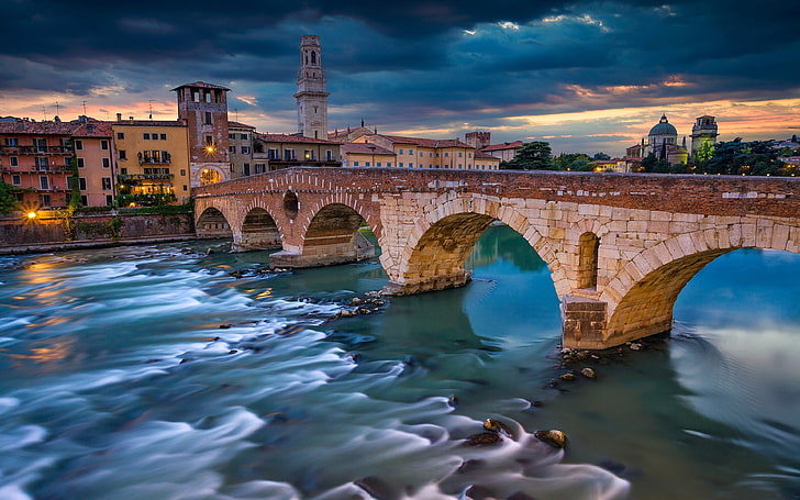 City of Verona Italy, bridge  man made structure, arch bridge, ponte, city Free HD Wallpaper