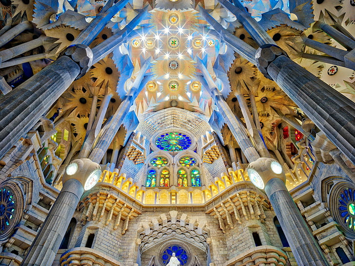 Inside the Sagrada Familia, basilicas, columns, stained glass, spain Free HD Wallpaper
