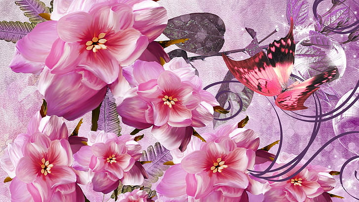 leaves, purple, painted, butterflies Free HD Wallpaper