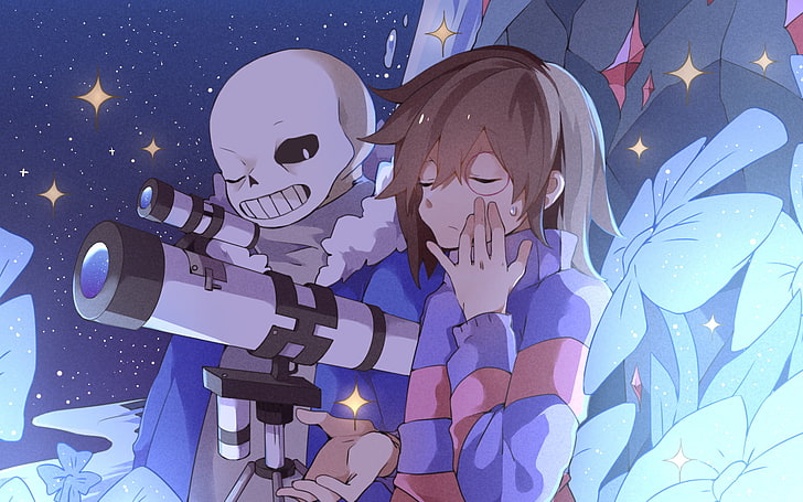 Sans Frisk Undertale X, people, front view, smiling, blue