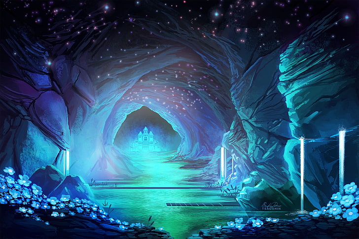 Undertale Waterfall Fan Art, light  natural phenomenon, cold temperature, indoors, blue Free HD Wallpaper