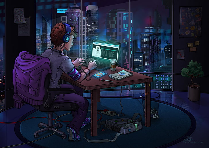 Anime Hacker Girl, World, The, room,, the world at night