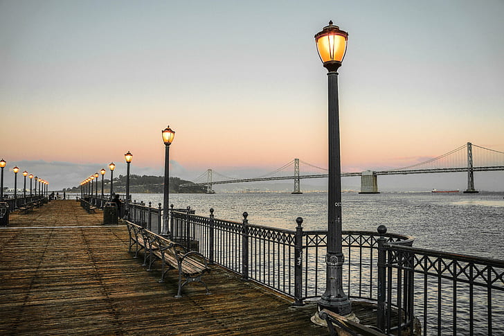 Bay Bridge Lights Photos, pier, usa, night, lens