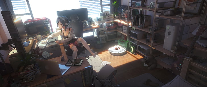 Dark Anime Boy, computer, sitting, 3d animation, anime Free HD Wallpaper