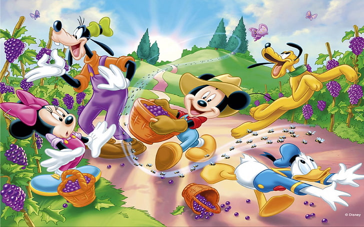 Donald Daisy Goofy Pluto Minnie and Mickey Mouse, large group of objects, cartoon, toy, harvesting Free HD Wallpaper