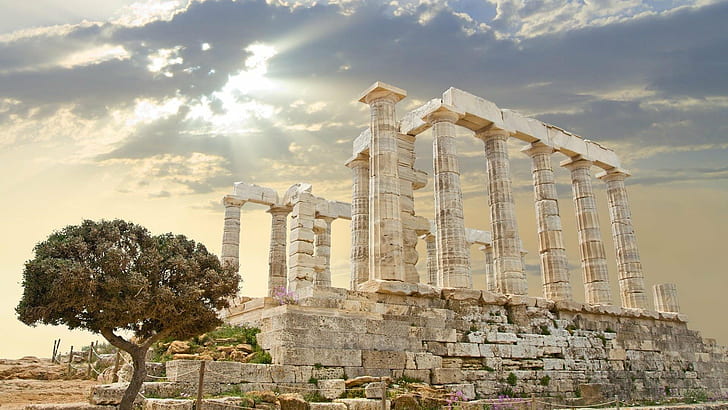 Famous Greek Buildings, temple of zeus, greece, sun rays, ancient