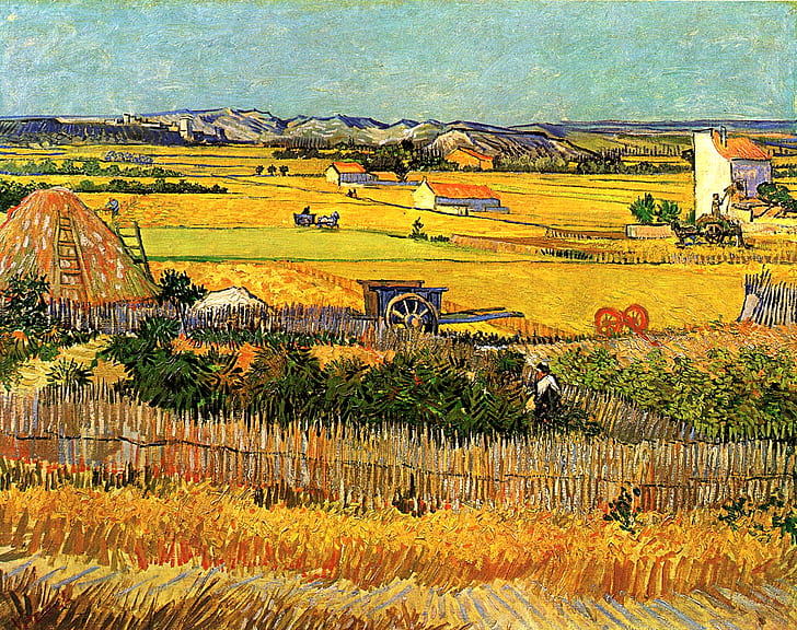 Laptop Rose Gold Flowers, vincent van gogh, harvest at la crau, with montmajour in the background Free HD Wallpaper