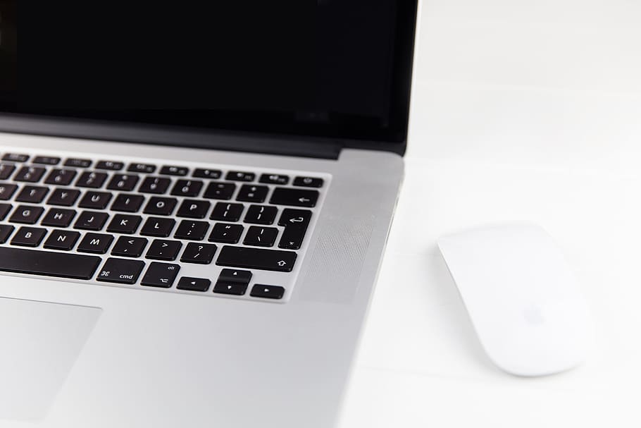 White Wireless Keyboard, business, apple macbook pro, magic mouse, high angle view