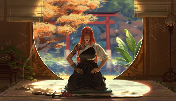 Anime Male Warrior Art, art, autumn landscape, sheath, torii gate Free HD Wallpaper