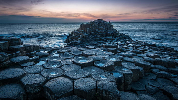 Antrim Coast Road, reflection, dawn, stone  object, blue Free HD Wallpaper