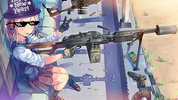 Awesome Anime Girl with Gun, major league gaming, new year, mountain dew, skirt Free HD Wallpaper